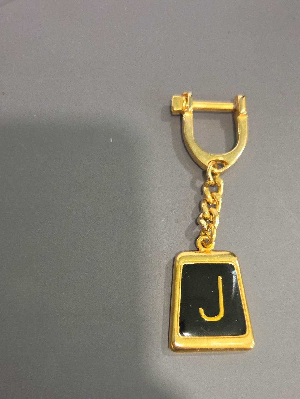 Gold Tone Black Enamel 'J' Keychain Charm Marked Spain